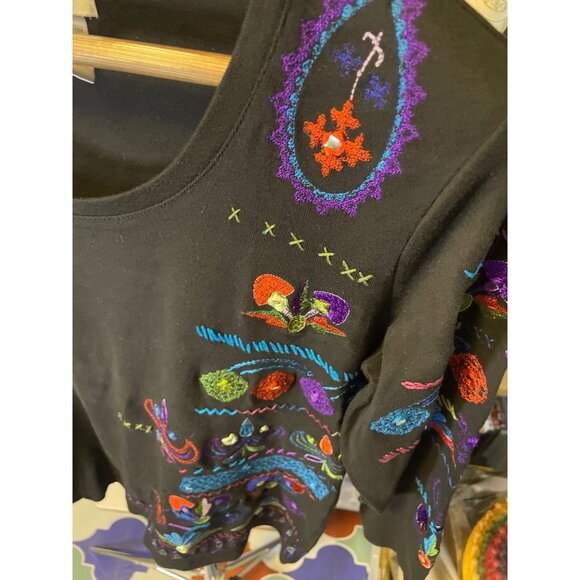 Chico's Black Colorful Southwest Embroidery Long Sleeve Round Neck Top Sz L - Picture 4 of 10
